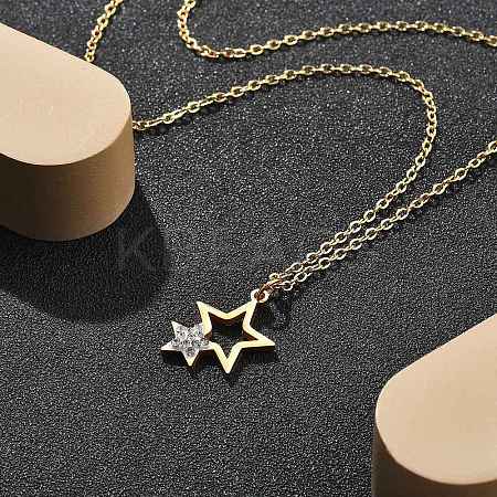 304 Stainless Steel Crystal Rhinestone Double Star Pendant Cable Chain Necklaces NJEW-Z056-02A-G-1