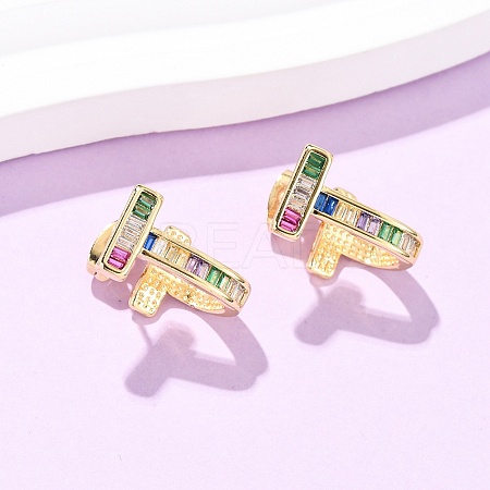 Brass Micro Pave Cubic Zirconia T-Shaped Stud Earrings EJEW-B153-07G-1