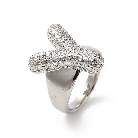 Letter Brass Micro Pave Clear Cubic Zirconia Open Cuff Ring for Women RJEW-N046-03Y-P-1