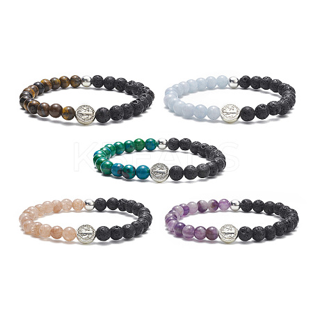 Natural & Synthetic Mixed Gemstone & Alloy Saint Benedict Medal Beaded Strech Bracelet for Women BJEW-JB09344-1