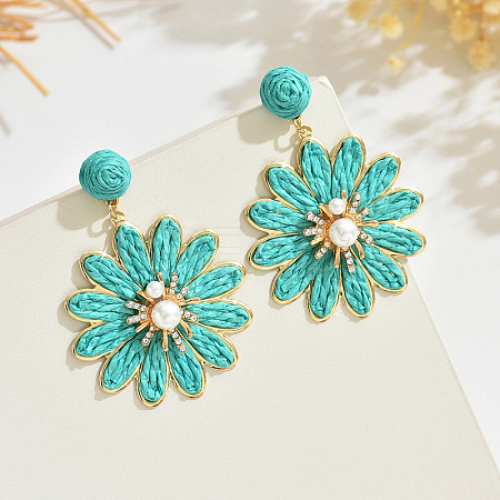 Flower Alloy Raffia Dangle Stud Earrings FS-WG63945-05-1