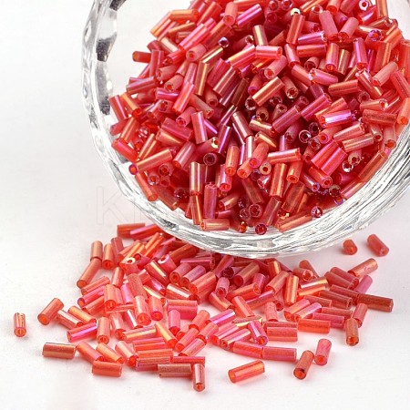 Tube Transparent Colours Rainbow Plated Glass Bugle Beads X-SEED-I001-165-1