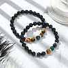 2Pcs 2 Style Dyed Natural Tiger Eye & Black Onyx Round Beaded Stretch Bracelets Set BJEW-TA00439-1