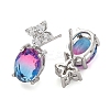 Brass Pave Cubic Zirconia Flower & Oval Stud Earrings for Women EJEW-I304-26P-09-2