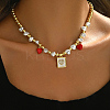 Elegant Brass & Imitation Pearl Heart Square Bib Necklaces for Women YJ5176-2