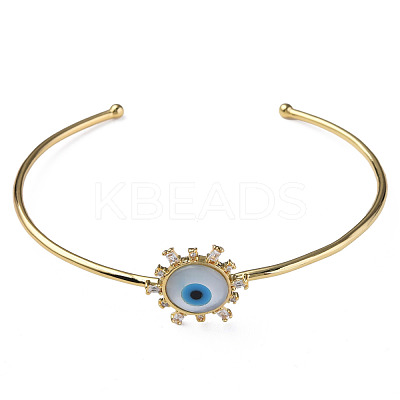 Shell Evil Eye Open Cuff Bangle with Synthetic Turquoise BJEW-N012-041-1