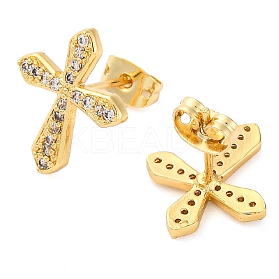 Rack Plating Cross Brass Pave Clear Cubic Zirconia Stud Earrings EJEW-S245-01G-B-1