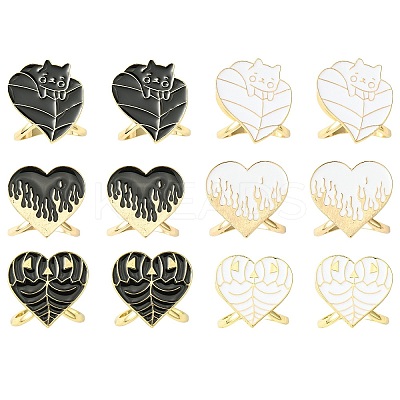 12Pcs 6 Styles Heart Golden Alloy Enamel Scarf Buckle Ring AJEW-CJ0001-34-1