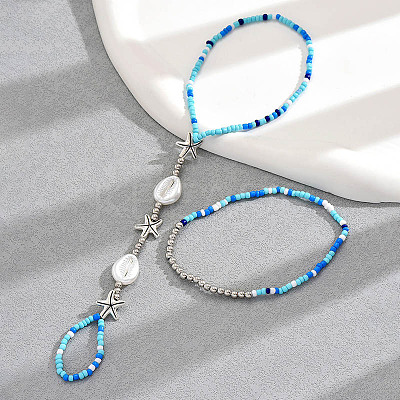 Bohemian Style Alloy Starfish & Plastic Shell Shape & Glass Seed Beaded Stretch Double Layer Toe Ring Anklets for Women FS-WG2BCD2-01-1