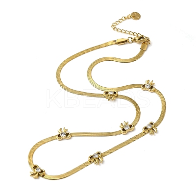 304 Stainless Steel Crystal Rhinestone Flat Snake Chain Bowknot Pendant Necklaces for Women NJEW-K383-03G-1