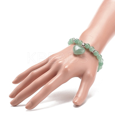 Natural Green Aventurine Round Beaded Stretch Bracelet with Heart Charm BJEW-JB09019-05-1