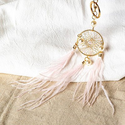 Imitation Pearl Woven Net/Web with Feather Hanging Ornaments PW23030999925-1