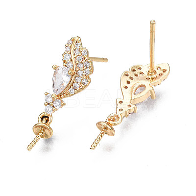 Feather Shape Brass Micro Pave Clear Cubic Zirconia Earring Findings KK-S356-435A-NF-1