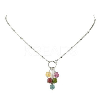 Natural Multicolor Tourmaline Faceted Cube Beaded Tassel Pendant 304 Stainless Steel Satellite Chain Necklaces for Women NJEW-JN06448-01-1