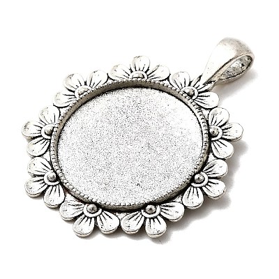 Tibetan Style Flower Alloy Round Pendant Cabochon Settings TIBEP-Q055-09AS-RS-1