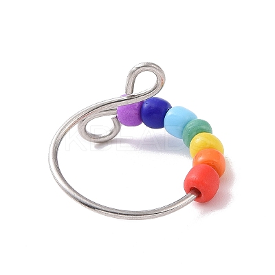 Rainbow Color Glass Beaded Rotating Open Cuff Ring LS-RJEW-F127-02P-1