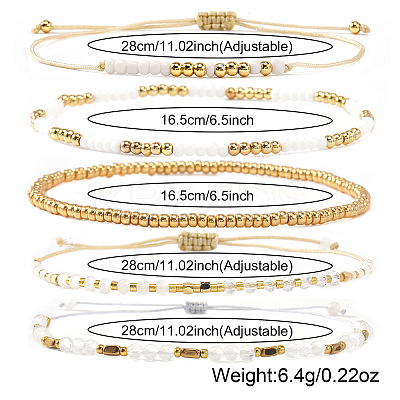 5Pcs Glass & Metal Gold & White Beaded Bracelet Sets AB9103-2-1