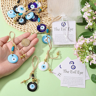 Handmade Flat Round with Evil Eye Glass & Wood Pendant Decorations HJEW-CA00092-1