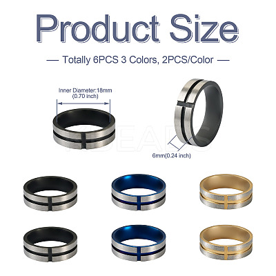 6Pcs 3 Colors Stainless Steel Plain Band Rings RJEW-CF0001-03-1
