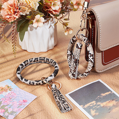 2Pcs 2 Colors PU Leather Tassel Bracelet Wristlet Keychain AJEW-SC0003-66B-1