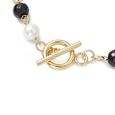 Shell Pearl Beads & Black Stone Link Bracelets BJEW-JB11270-1