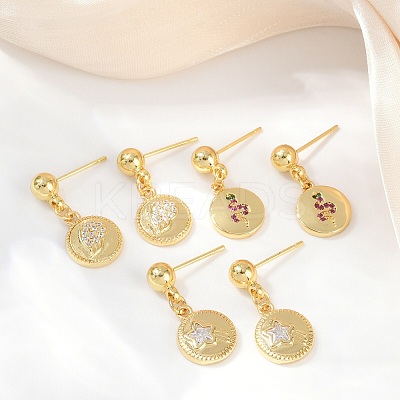 Flat Round with Star & Wing & Snake Brass Micro Pave Cubic Zirconia Dangle Stud Earrings EJEW-Z115-01G-1