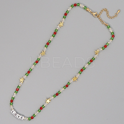Christmas Theme Glass & Imitation Pearl & Brass LOVE Star Beaded Necklaces GF3195-7-1