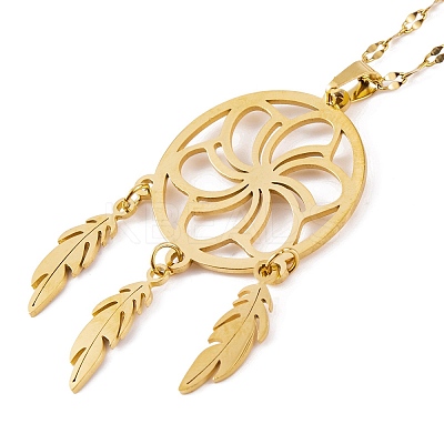 Woven Net/Web with Feather 201 Stainless Steel Boho Pendant Necklaces for Women NJEW-G087-03G-1