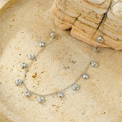 304 Stainless Steel Clear Cubic Zirconia Flat Round & Shell Shaped Bib Necklaces for Women NJEW-U031-08P-02-1