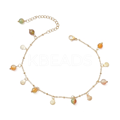 Dyed Natural Banded Agate Round & 304 Stainless Steel Shell Shape Tassel Anklets for Women AJEW-AN00702-03-1