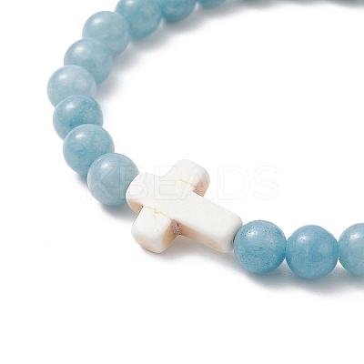 3Pcs 3 Style Natural Blue Quartz & Grade A Amazonite & Turquoise Cross Beaded Stretch Bracelets Set BJEW-JB09408-1