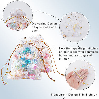 50Pcs Gold Stamping Moon & Star Organza Drawstring Gift Storage Bags OP-BBC0001-03A-01-1