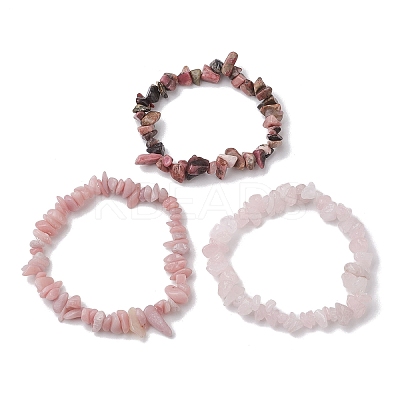 3Pcs Natural Rose Quartz & Natural Rhodonite & Natural Pink Opal Chip Beaded Stretch Bracelet Sets BJEW-JB10858-1