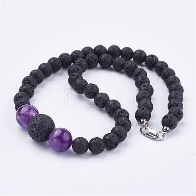 Natural Amethyst Beaded Necklaces & Stretch Bracelets Jewelry Sets SJEW-JS00918-05-1