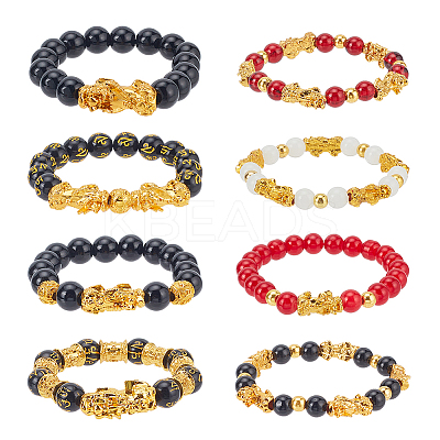 8Pcs 8 Styles Resin Imitation Gemstone & Alloy Pixiu Beaded Stretch Bracelets Set BJEW-AN0001-41-1