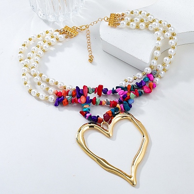 Bohemian Synthetic Turquoise Chips Beads 3 Layer Necklaces NJEW-K384-04A-1