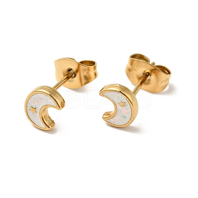 Ion Plating(IP) Enamel Crescent Moon with Star Stud Earrings with 316 Surgical Stainless Steel Pins EJEW-A081-05G-1