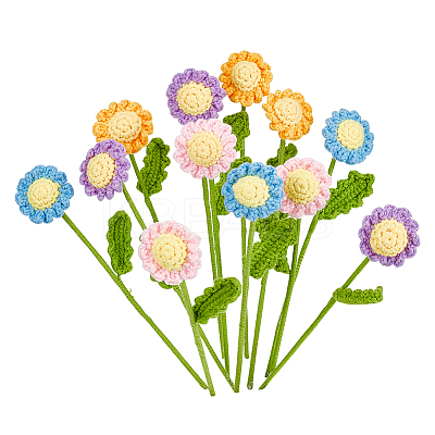 12Pcs 4 Colors Crochet Cotton Flower Ornaments with Iron Wire AJEW-FG0002-93-1