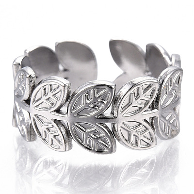 Non-Tarnish 304 Stainless Steel Leaf Cuff Rings LS-RJEW-N038-110P-1