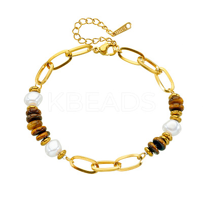 304 Stainless Steel Paperclip Chain Natural Tiger Eye Rondelle Beaded Bracelets for Women WGDB3B0-01-1