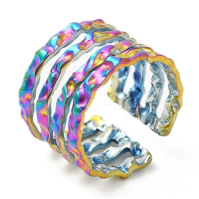 Ion Plating(IP) 304 Stainless Steel Multi Line Open Cuff Ring for Women RJEW-M149-18RC-1