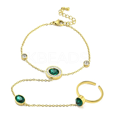Rhinestone Flat Round Link Chains Bracelet with Glass Oval Open Cuff Ring BJEW-H324-05G-1