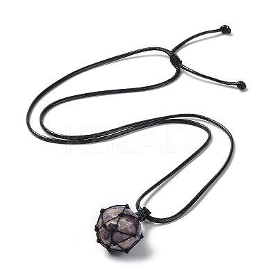 Natural Amethyst Round Pendant Necklace NJEW-H009-02-03-1