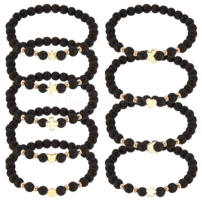 1 Set Bear & Cross & Moon & Crown & Heart & Butterfly Brass Beaded Stretch Bracelets Set BJEW-PH0004-22-1