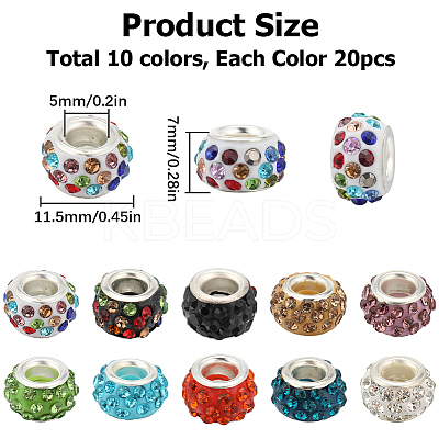 200Pcs 10 Colors Polymer Clay Rhinestone European Large Hole Beads with Silver Plated Brass Cores FPDL-SC0001-01-1