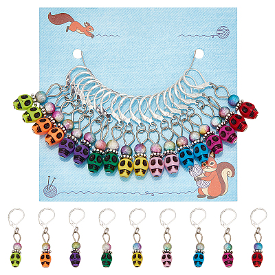 18Pcs 9 Colors Halloween Skull Plastic Pendant Stitch Markers HJEW-NB00004-1