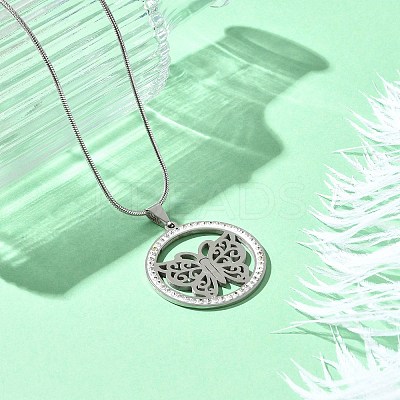 201 Stainless Steel Crystal Rhinestone Ring with Hollow Butterfly Pendant Necklaces for Women NJEW-P327-01P-1