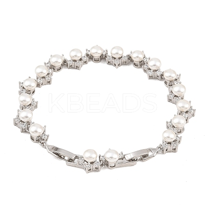 Platinum Tone Brass Micro Pave Cubic Zirconia & Plastic Pearl Tennis Bracelets BJEW-B160-16P-1