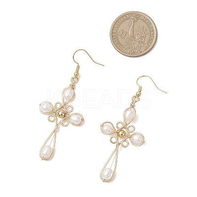 Natural Cultured Freshwater Pearl Cross Dangle Earrings EJEW-TA00723-1