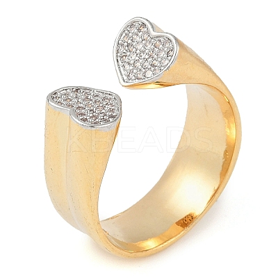 Heart Brass Micro Pave Clear Cubic Zirconia Open Cuff Ring for Women RJEW-Q819-20G-1
